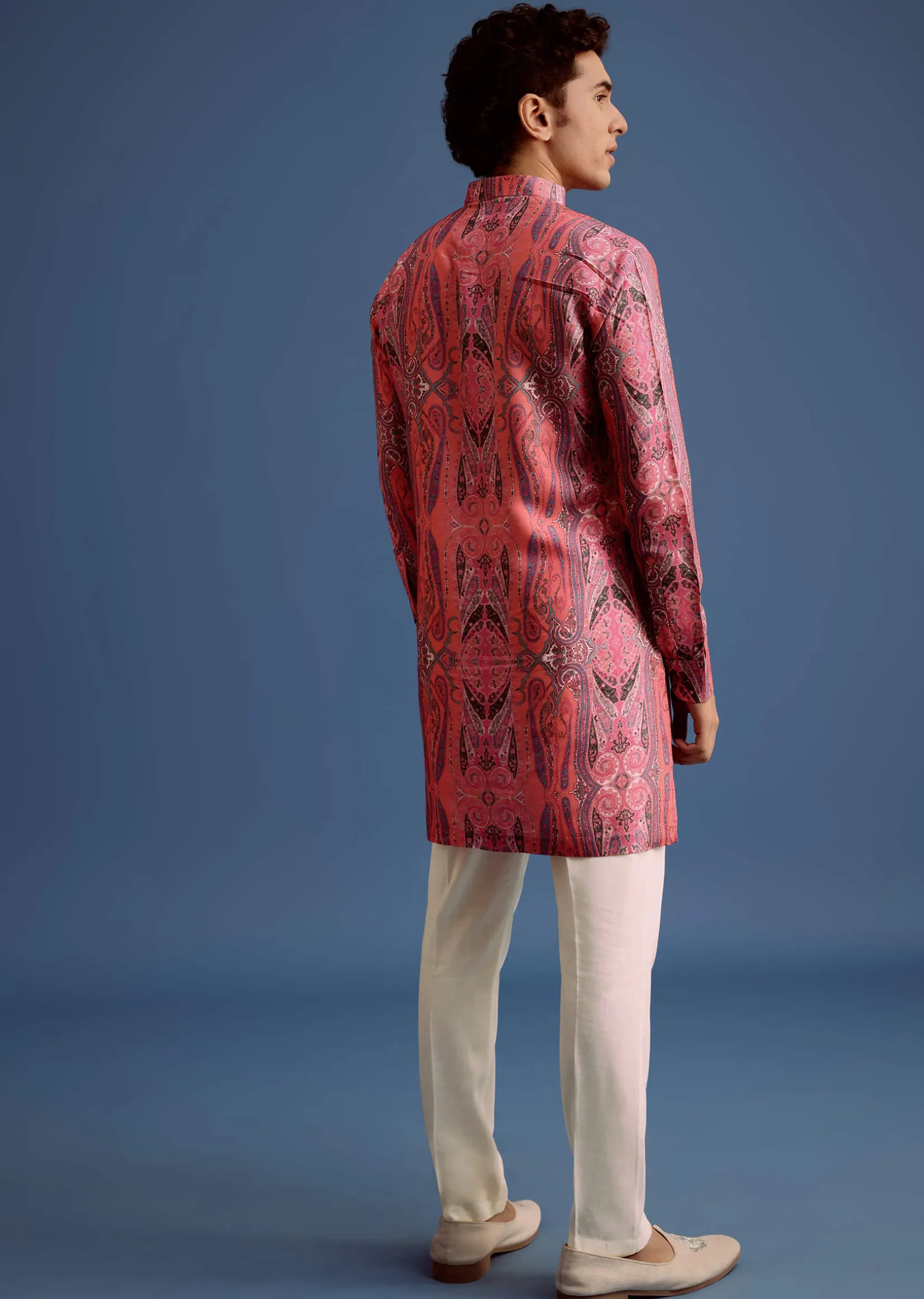 Pink Printed Art Silk Kurta For Men