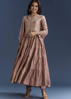 Pink Printed Chanderi Anarkali Set With Thread Work