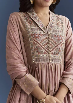 Pink Printed Chanderi Anarkali Set With Thread Work