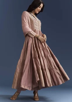 Pink Printed Chanderi Anarkali Set With Thread Work