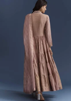 Pink Printed Chanderi Anarkali Set With Thread Work