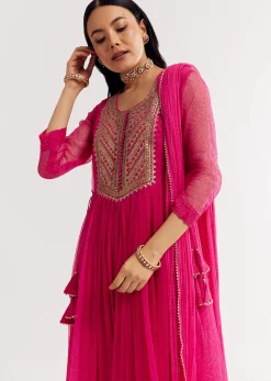 Pink Printed Chiffon Sequin Kurta Set With Dupatta