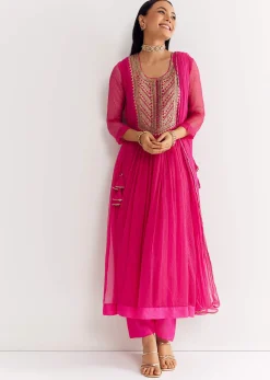 Pink Printed Chiffon Sequin Kurta Set With Dupatta
