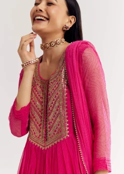 Pink Printed Chiffon Sequin Kurta Set With Dupatta