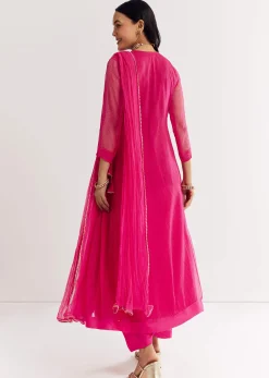 Pink Printed Chiffon Sequin Kurta Set With Dupatta