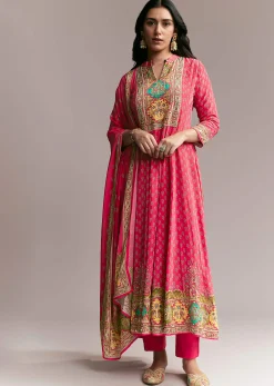 Pink Printed Crepe Anarkali Set