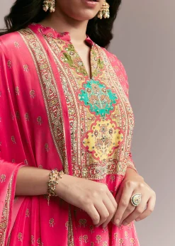 Pink Printed Crepe Anarkali Set