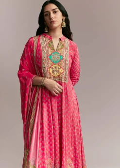 Pink Printed Crepe Anarkali Set