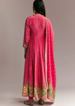 Pink Printed Crepe Anarkali Set