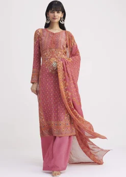 Pink Printed Crepe Palazzo Suit With Georgette Dupatta