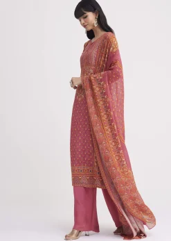 Pink Printed Crepe Palazzo Suit With Georgette Dupatta