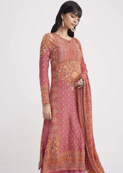 Pink Printed Crepe Palazzo Suit With Georgette Dupatta