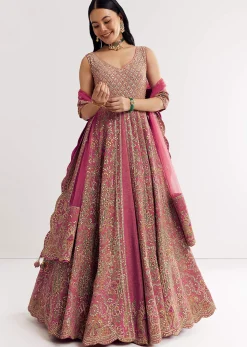 Pink Printed Embellished Anarkali Suit In Crepe