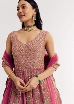 Pink Printed Embellished Anarkali Suit In Crepe