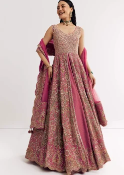 Pink Printed Embellished Anarkali Suit In Crepe