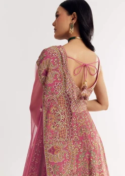 Pink Printed Embellished Anarkali Suit In Crepe
