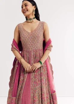 Pink Printed Embellished Anarkali Suit In Crepe
