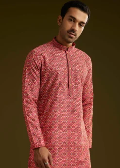 Pink Printed Kurta Set In Silk