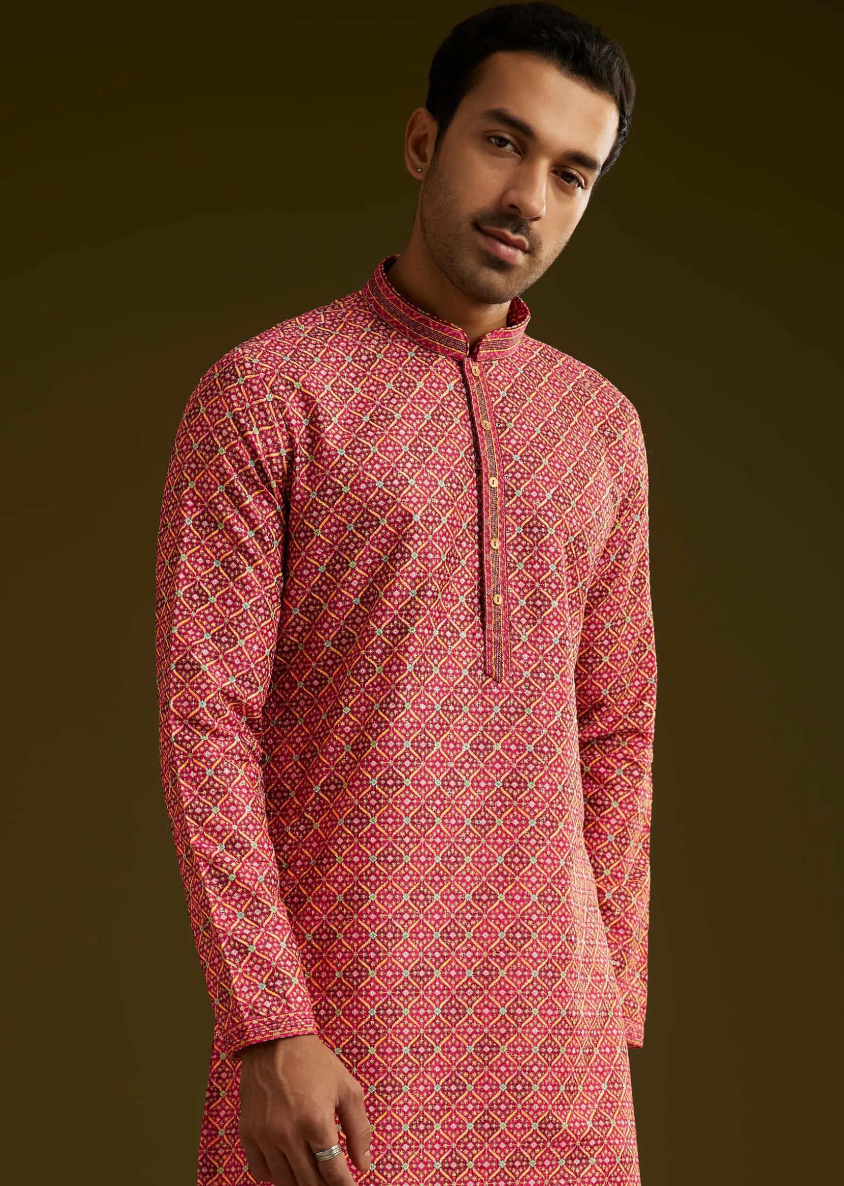 Pink Printed Kurta Set In Silk