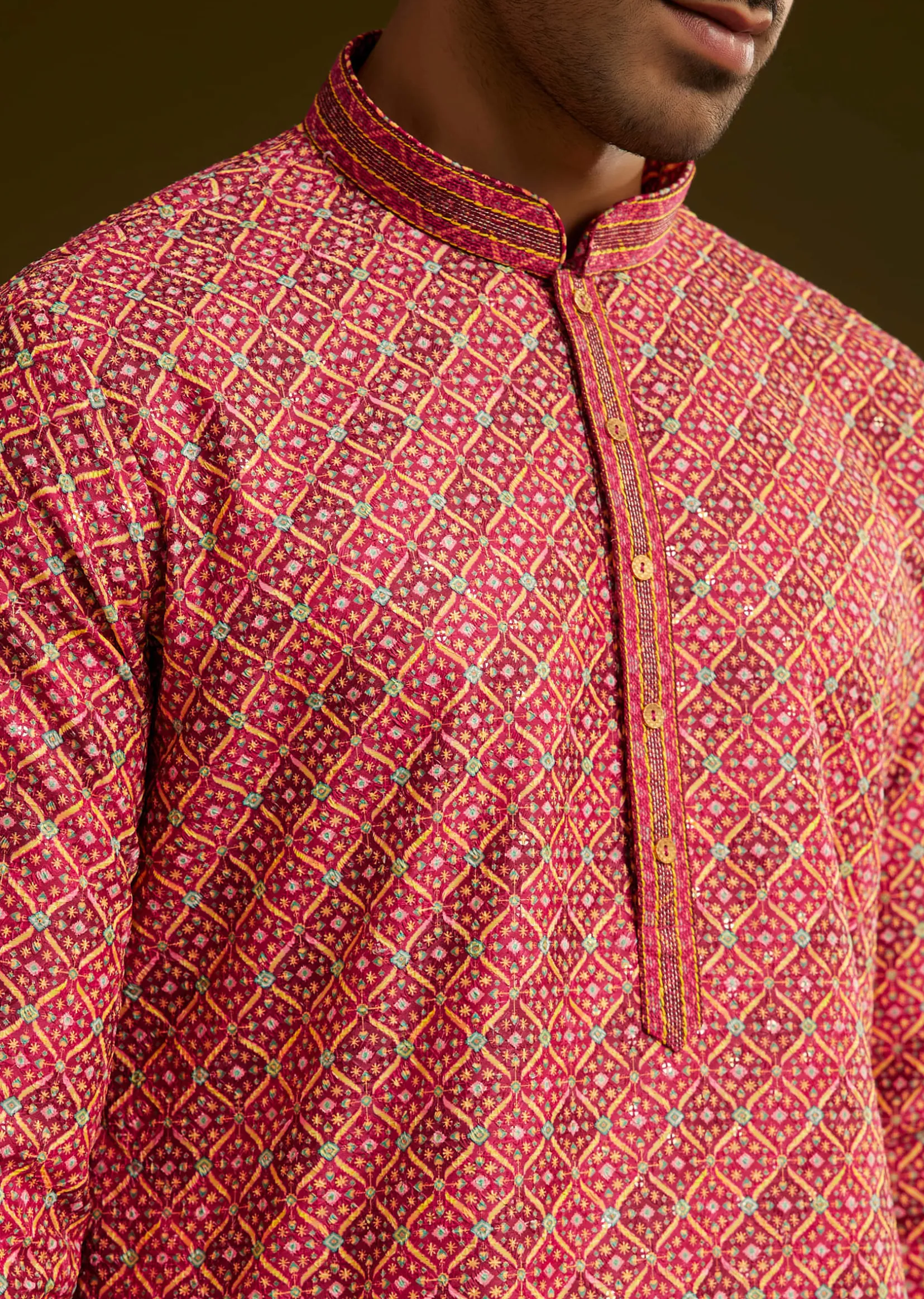 Pink Printed Kurta Set In Silk