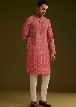 Pink Printed Kurta Set In Silk