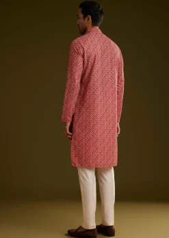 Pink Printed Kurta Set In Silk
