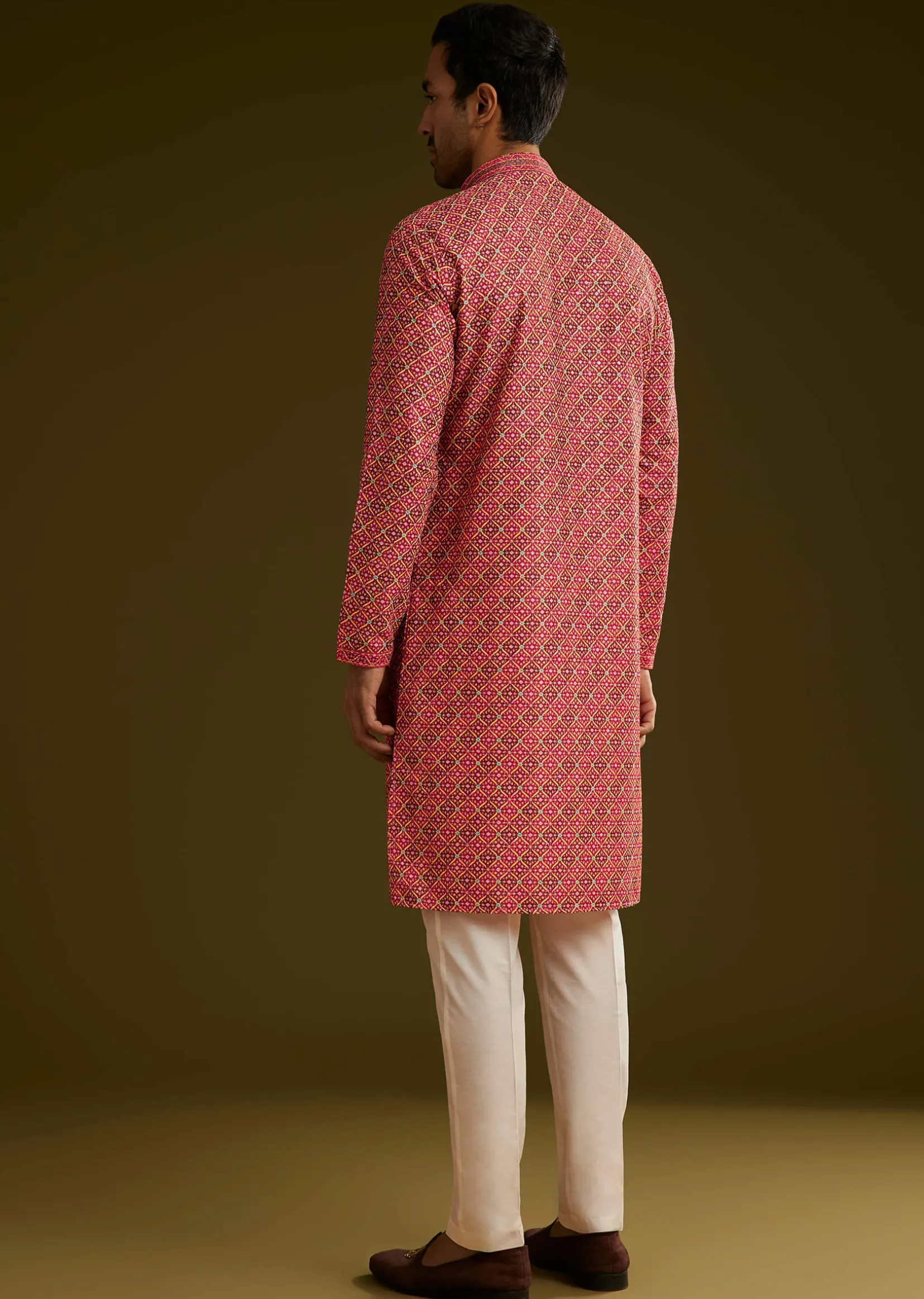 Pink Printed Kurta Set In Silk