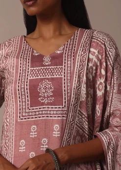 Pink Printed Kurti Pant Set With Embroidered Detail