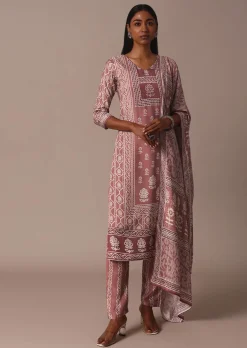 Pink Printed Kurti Pant Set With Embroidered Detail
