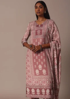 Pink Printed Kurti Pant Set With Embroidered Detail