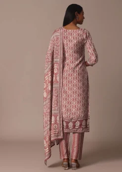 Pink Printed Kurti Pant Set With Embroidered Detail