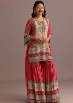 Pink Printed Kurti Sharara Suit With Chiffon Dupatta