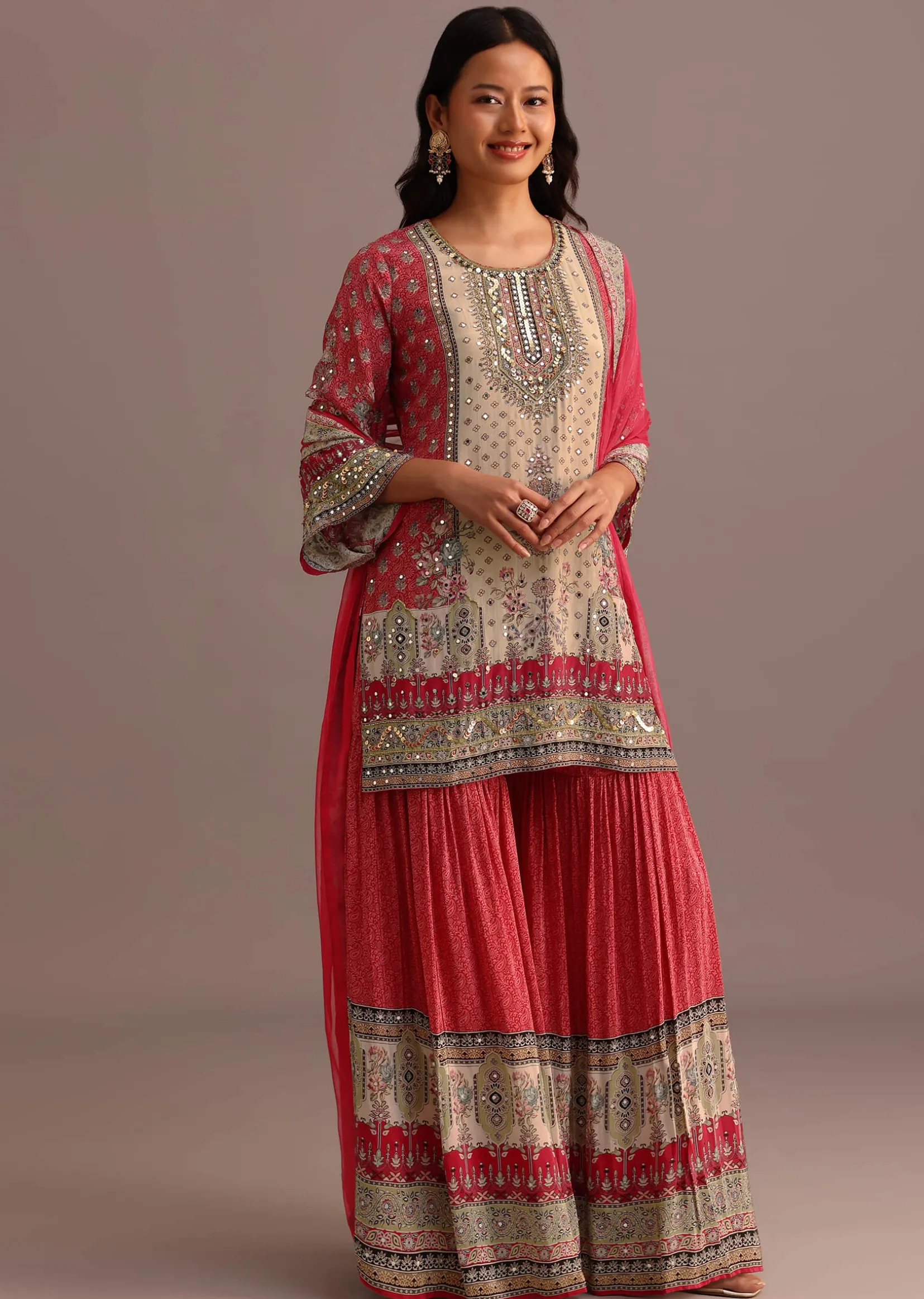 Pink Printed Kurti Sharara Suit With Chiffon Dupatta
