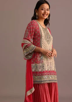 Pink Printed Kurti Sharara Suit With Chiffon Dupatta