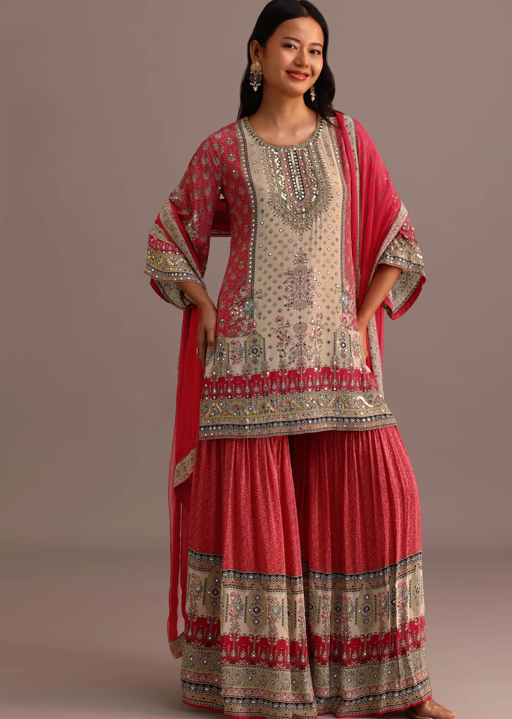 Pink Printed Kurti Sharara Suit With Chiffon Dupatta