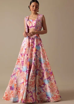 Pink Printed Lehenga Set with Mirror Embroidered Jacket