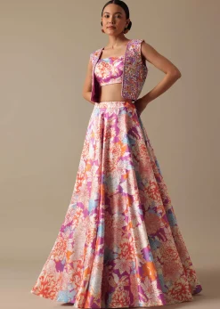Pink Printed Lehenga Set with Mirror Embroidered Jacket