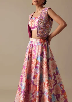 Pink Printed Lehenga Set with Mirror Embroidered Jacket