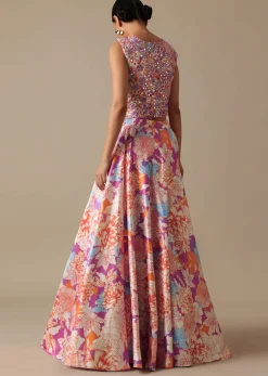 Pink Printed Lehenga Set with Mirror Embroidered Jacket