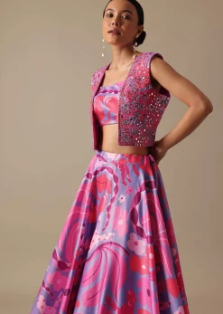 Pink Printed Lehenga Set With Mirror Work Jacket