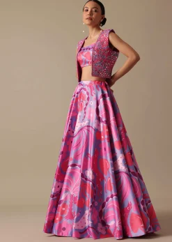 Pink Printed Lehenga Set With Mirror Work Jacket