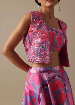 Pink Printed Lehenga Set With Mirror Work Jacket