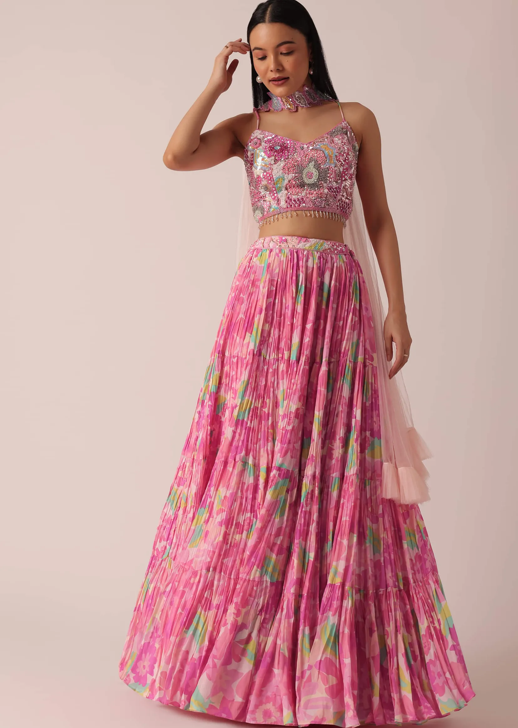 Pink Printed Lehenga Set With Ruffle Dupatta