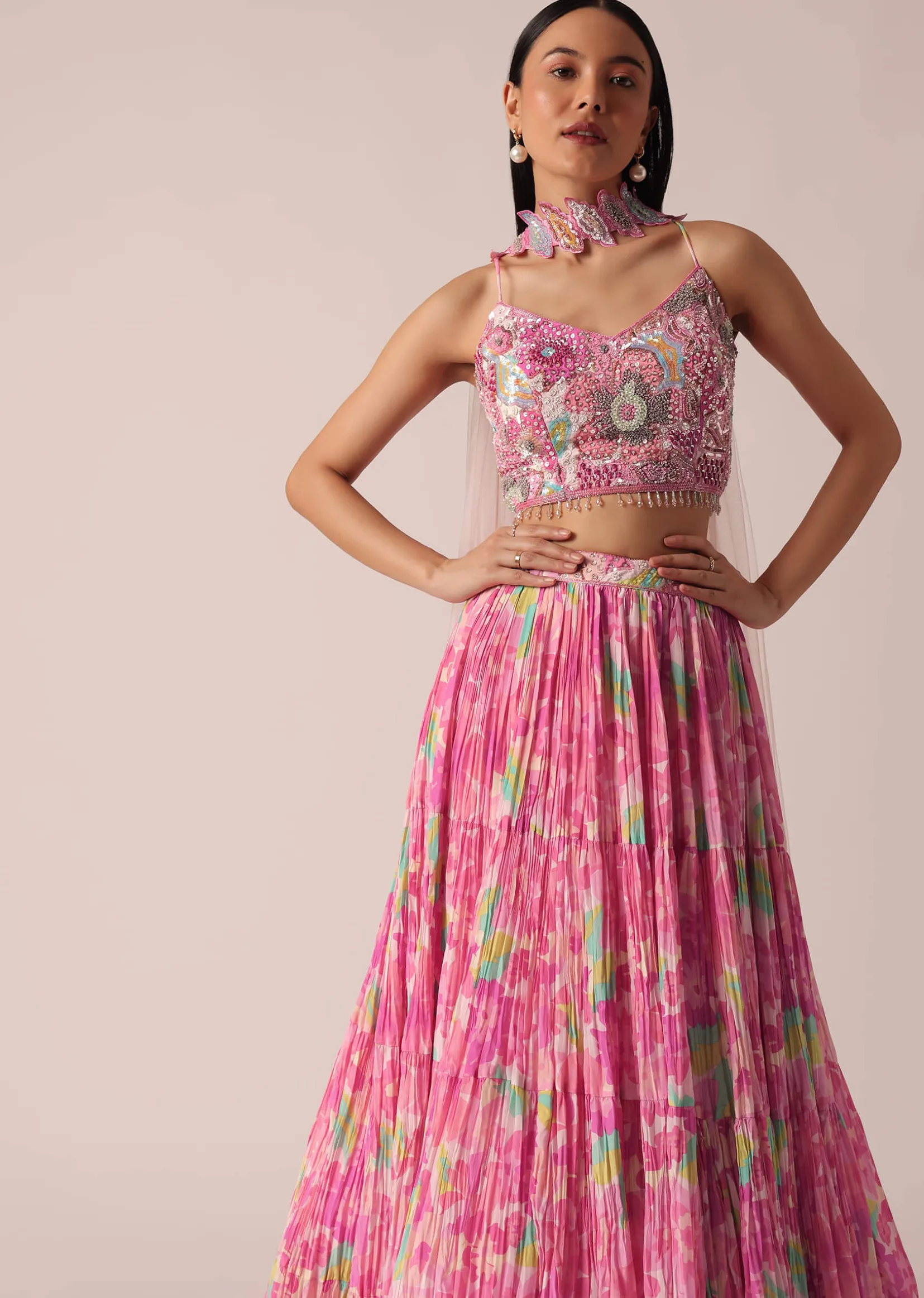 Pink Printed Lehenga Set With Ruffle Dupatta