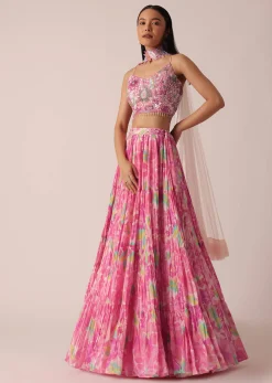 Pink Printed Lehenga Set With Ruffle Dupatta