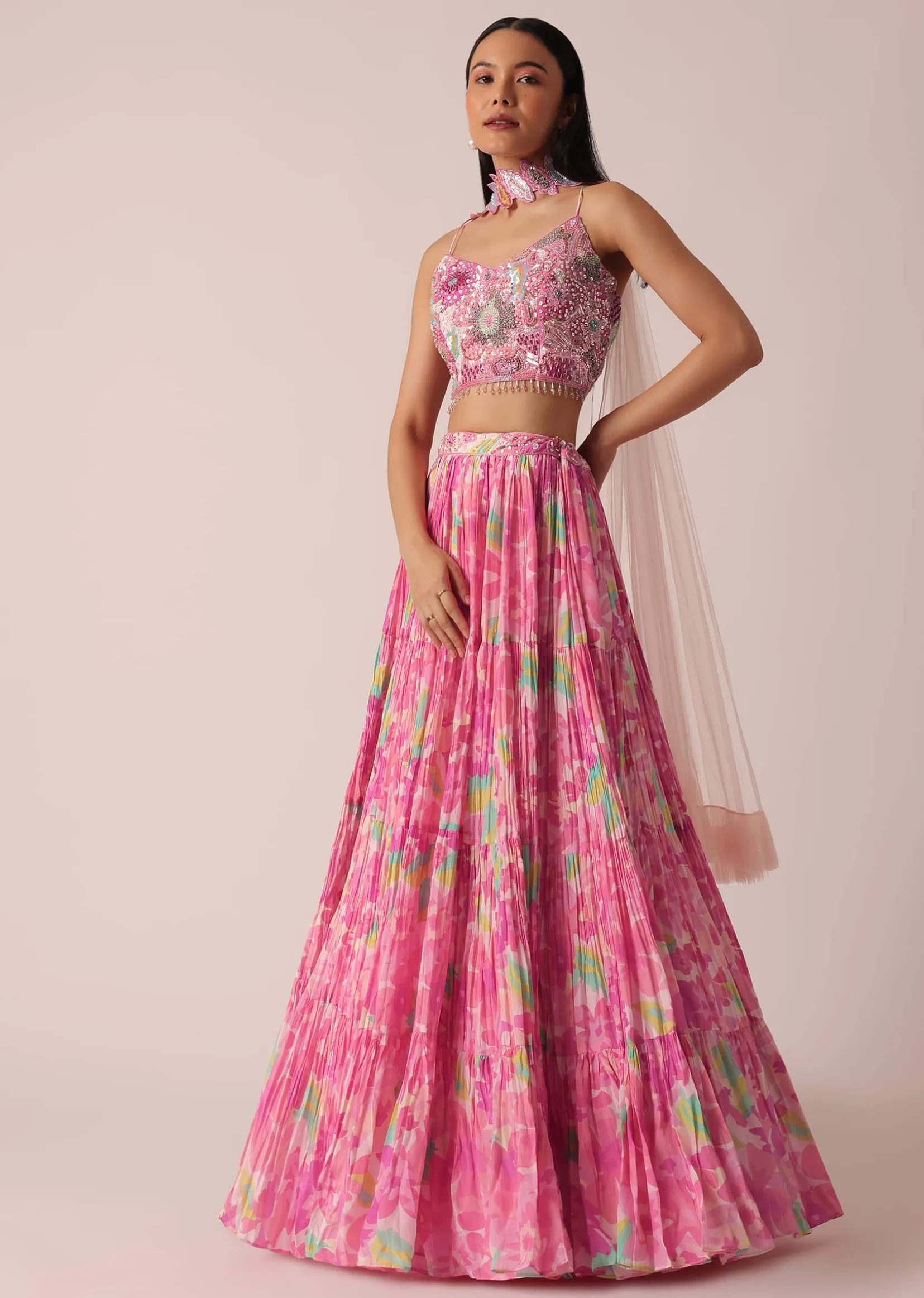 Pink Printed Lehenga Set With Ruffle Dupatta