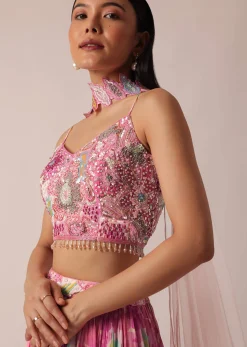Pink Printed Lehenga Set With Ruffle Dupatta