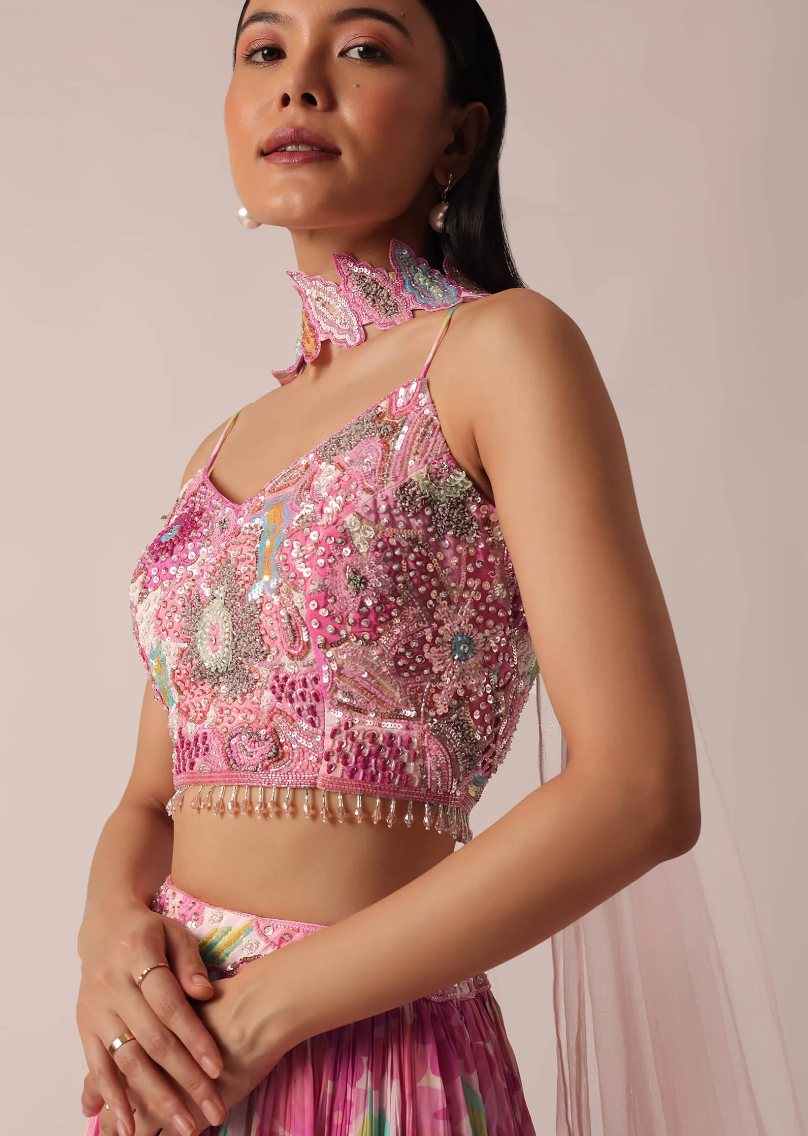 Pink Printed Lehenga Set With Ruffle Dupatta
