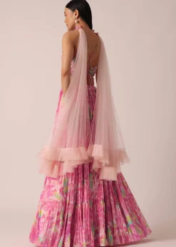 Pink Printed Lehenga Set With Ruffle Dupatta
