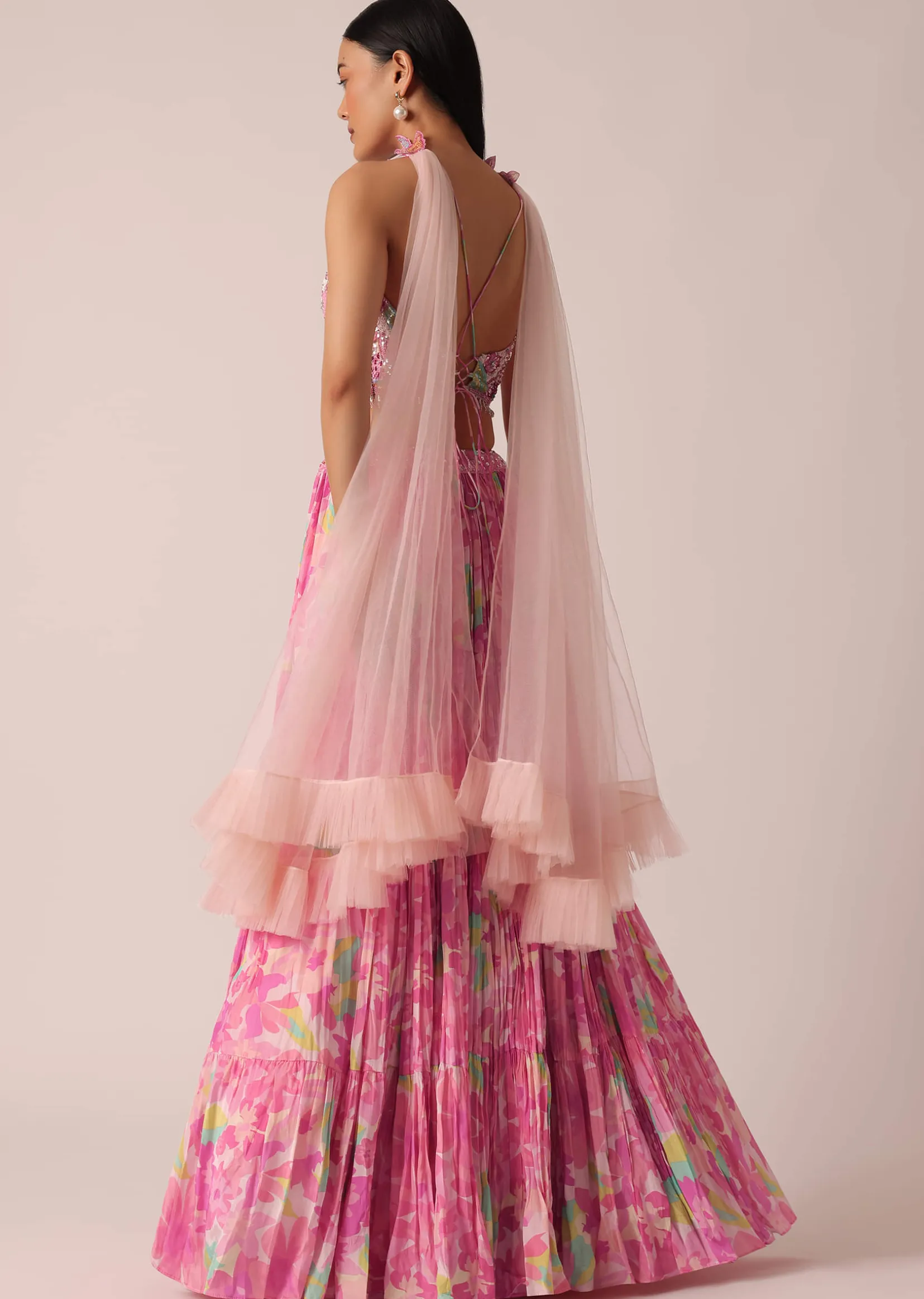 Pink Printed Lehenga Set With Ruffle Dupatta